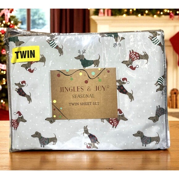 Dachshund Dogs Jingles & Joy Twin Sheet Set Gray Christmas Microfiber NEW - Picture 1 of 1